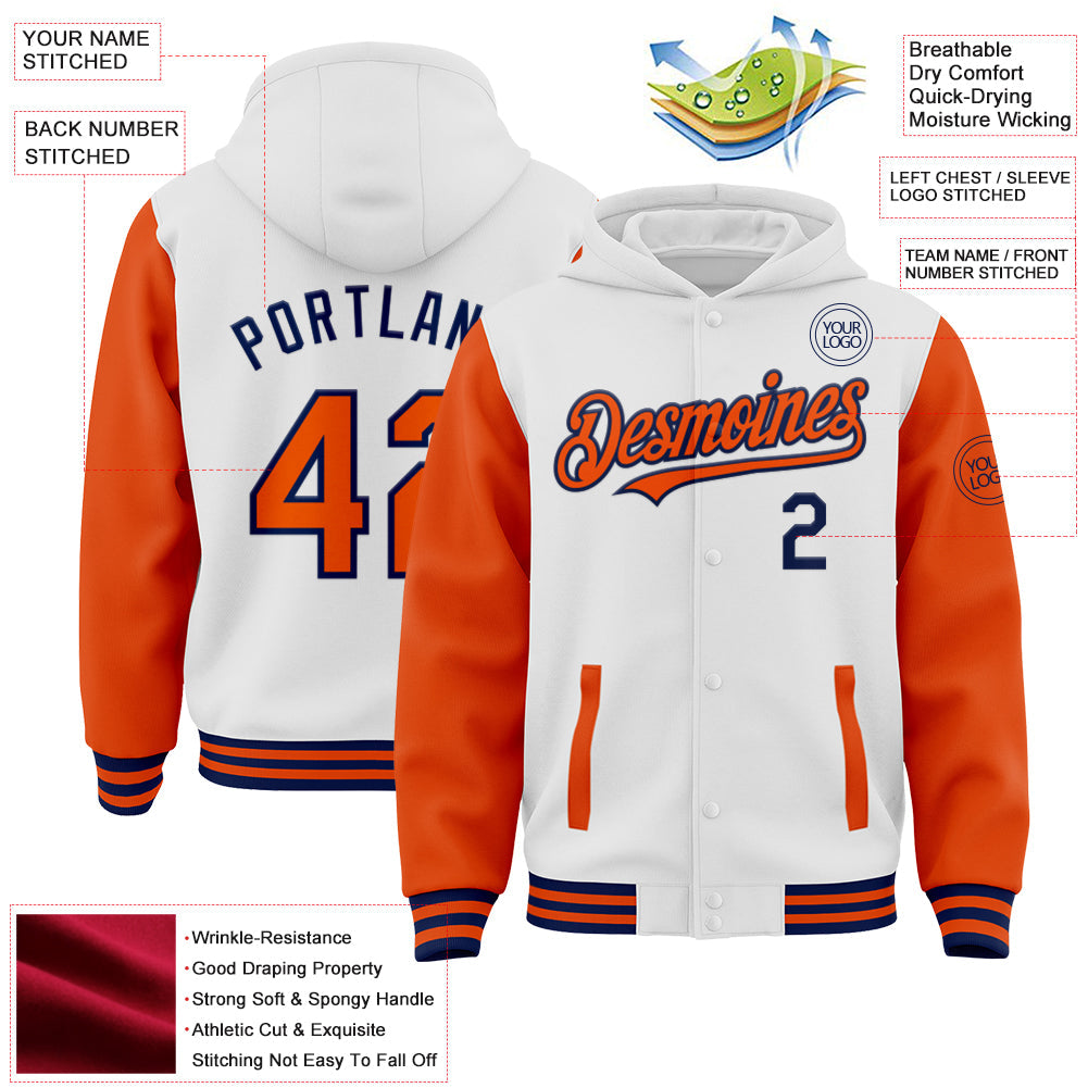 Custom White Orange-Navy Bomber Full-Snap Varsity Letterman Two Tone Hoodie Jacket view 3