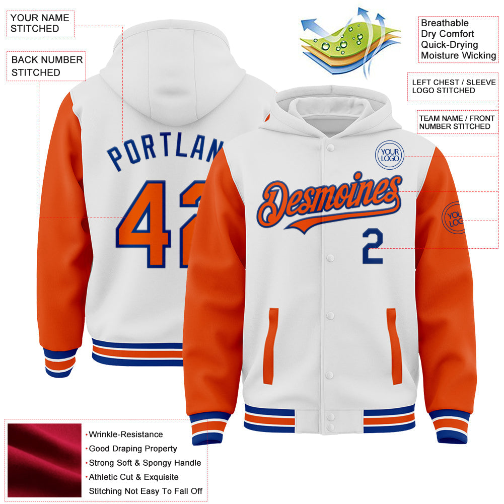Custom White Orange-Royal Bomber Full-Snap Varsity Letterman Two Tone Hoodie Jacket view 3