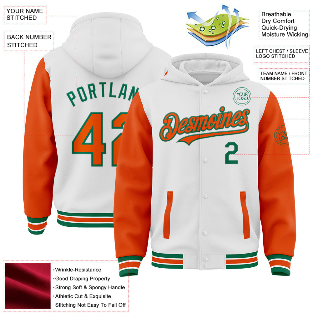 Custom White Orange-Kelly Green Bomber Full-Snap Varsity Letterman Two Tone Hoodie Jacket view 3