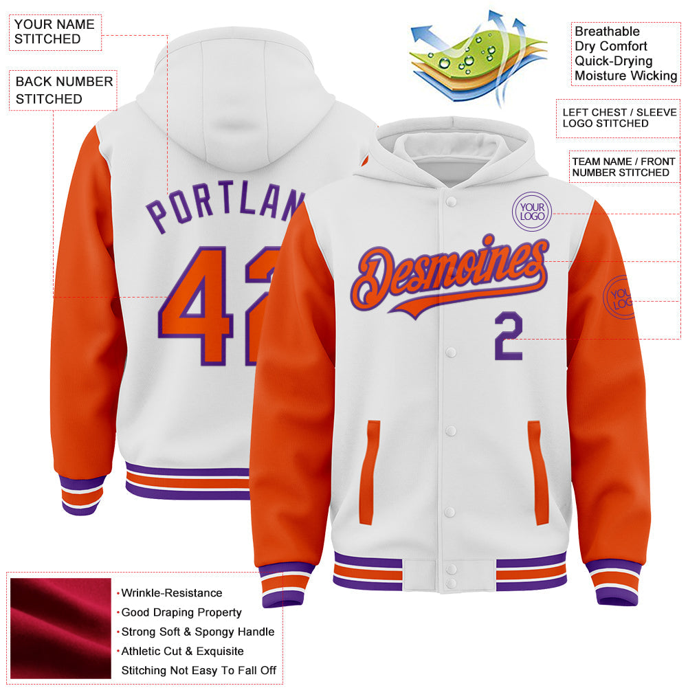 Custom White Orange-Purple Bomber Full-Snap Varsity Letterman Two Tone Hoodie Jacket view 3