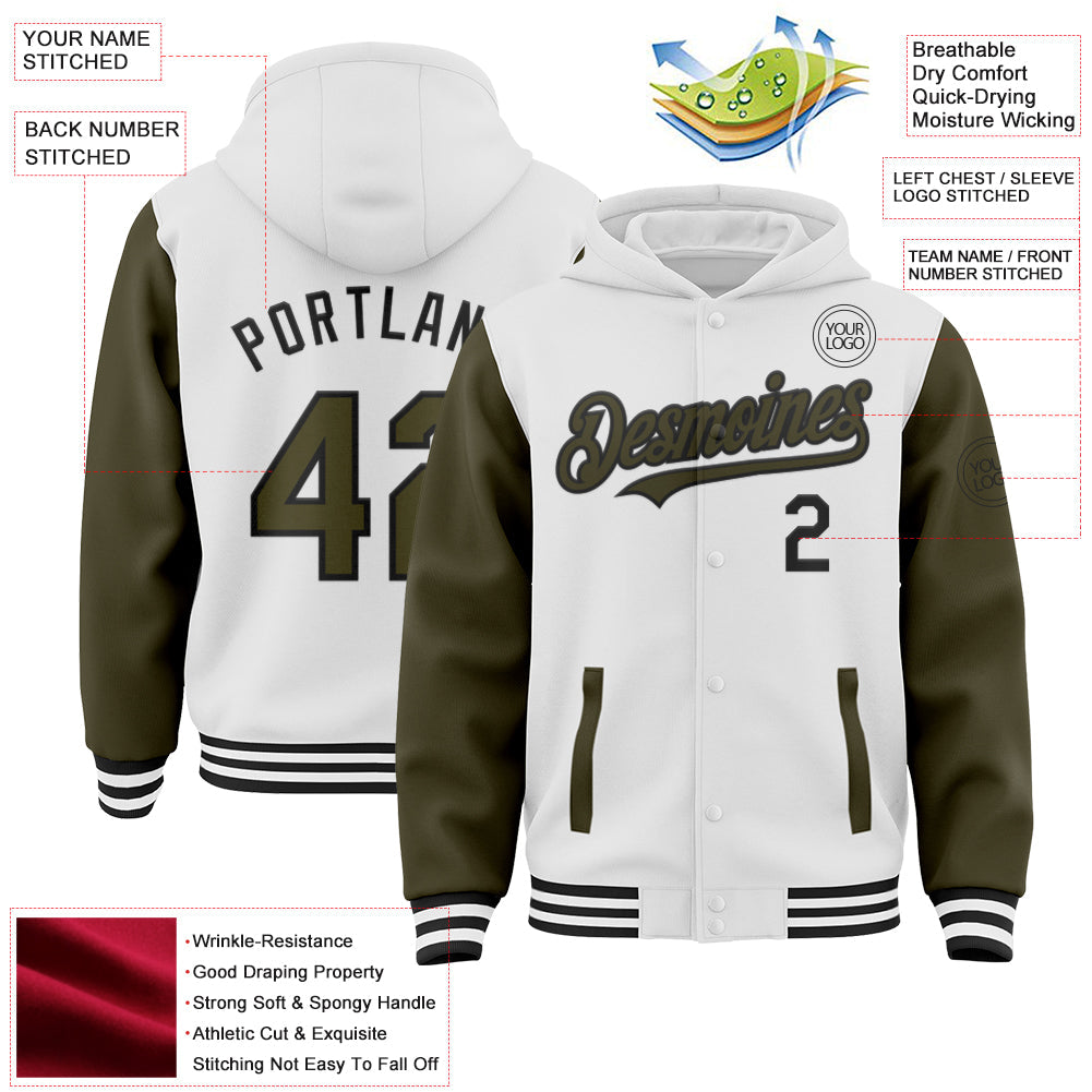 Custom White Olive-Black Bomber Full-Snap Varsity Letterman Two Tone Hoodie Jacket view 3