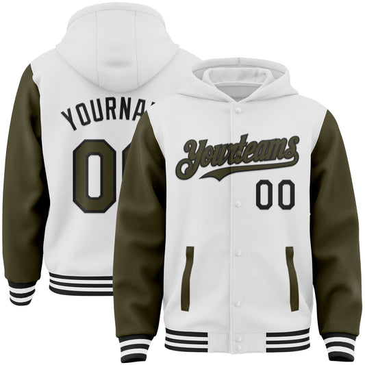 Custom White Olive-Black Bomber Full-Snap Varsity Letterman Two Tone Hoodie Jacket - Main View