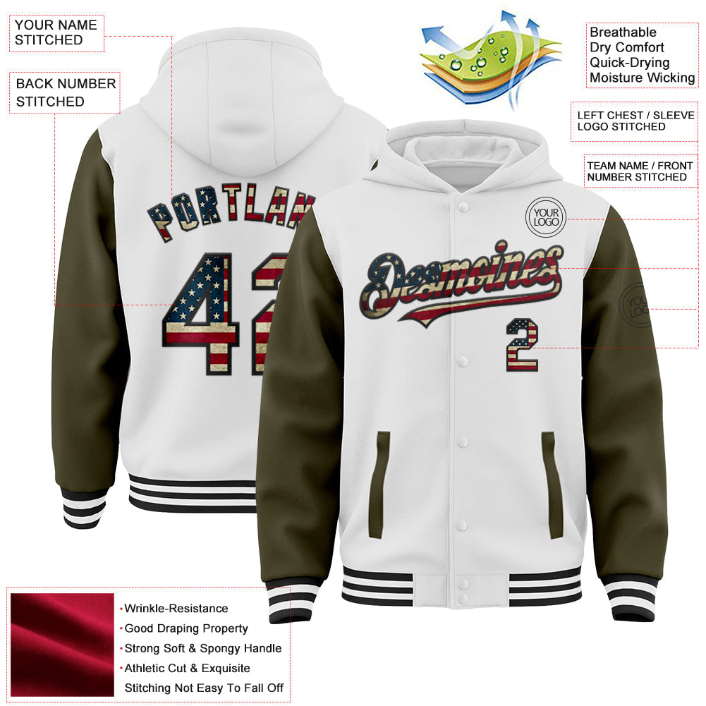 Custom White Vintage USA Flag Olive-Black Bomber Full-Snap Varsity Letterman Two Tone Hoodie Jacket view 3