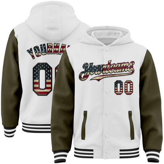 Custom White Vintage USA Flag Olive-Black Bomber Full-Snap Varsity Letterman Two Tone Hoodie Jacket - Main View