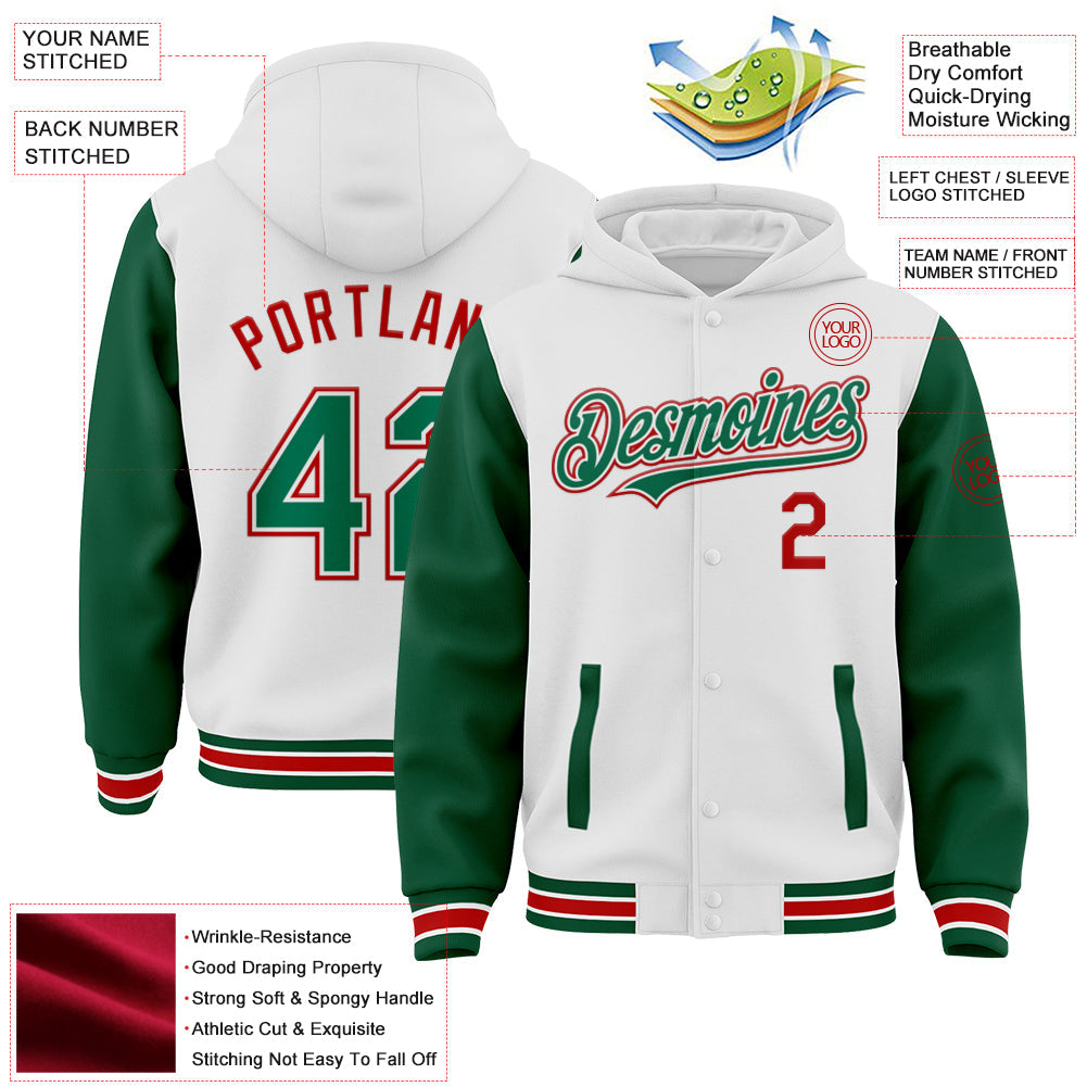 Custom White Kelly Green-Red Bomber Full-Snap Varsity Letterman Two Tone Hoodie Jacket view 3
