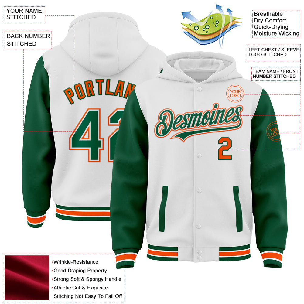 Custom White Kelly Green-Orange Bomber Full-Snap Varsity Letterman Two Tone Hoodie Jacket view 3