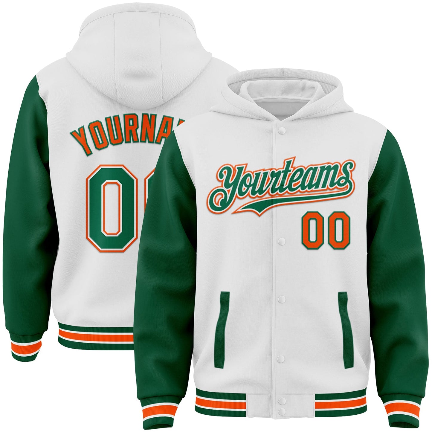Custom White Kelly Green-Orange Bomber Full-Snap Varsity Letterman Two Tone Hoodie Jacket - Main View