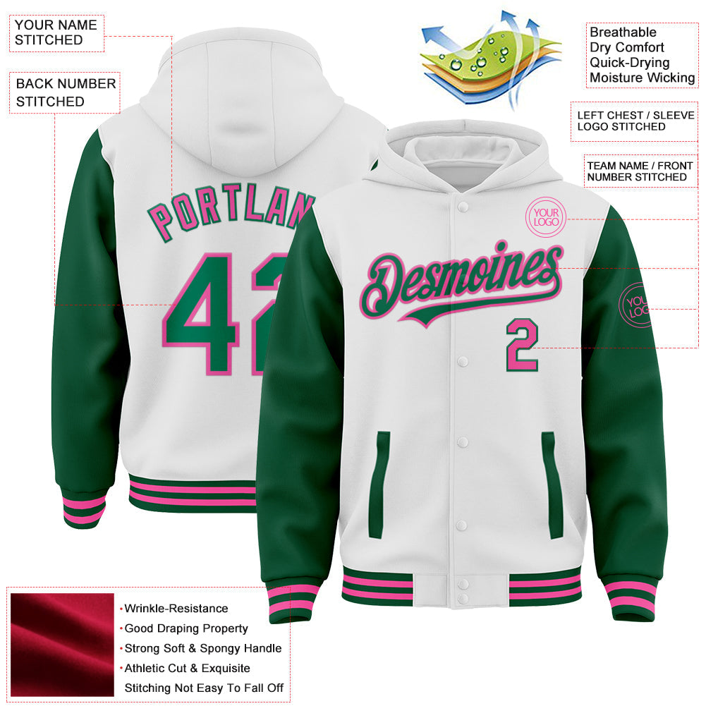 Custom White Kelly Green-Pink Bomber Full-Snap Varsity Letterman Two Tone Hoodie Jacket view 3