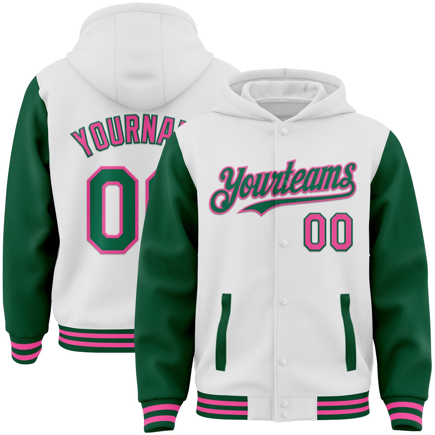 Custom White Kelly Green-Pink Bomber Full-Snap Varsity Letterman Two Tone Hoodie Jacket - Main View