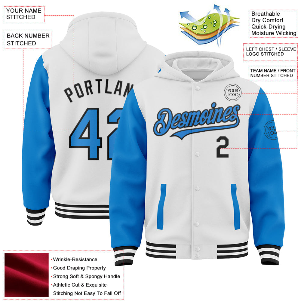 Custom White Powder Blue-Black Bomber Full-Snap Varsity Letterman Two Tone Hoodie Jacket view 3