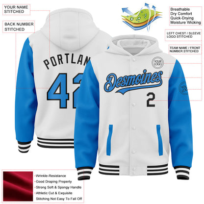 Custom White Powder Blue-Black Bomber Full-Snap Varsity Letterman Two Tone Hoodie Jacket view 3