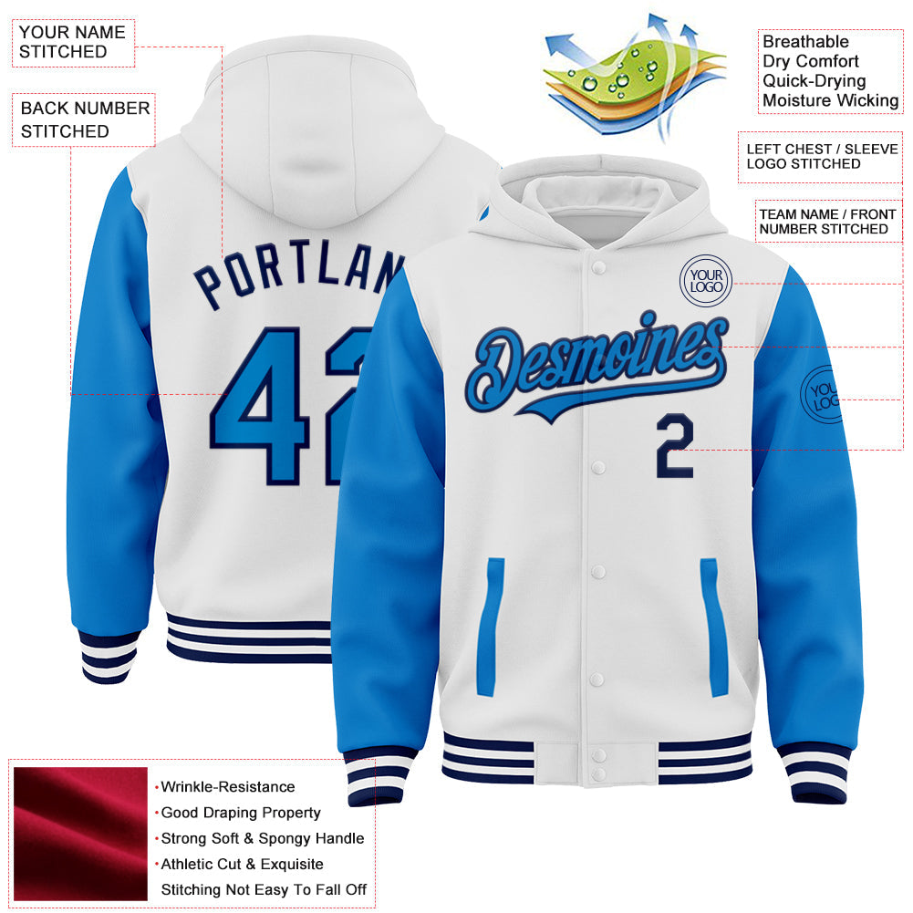 Custom White Powder Blue-Navy Bomber Full-Snap Varsity Letterman Two Tone Hoodie Jacket view 3