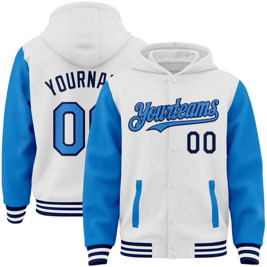 Custom White Powder Blue-Navy Bomber Full-Snap Varsity Letterman Two Tone Hoodie Jacket - Main View