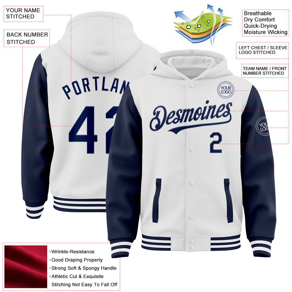Custom White Navy Bomber Full-Snap Varsity Letterman Two Tone Hoodie Jacket view 3