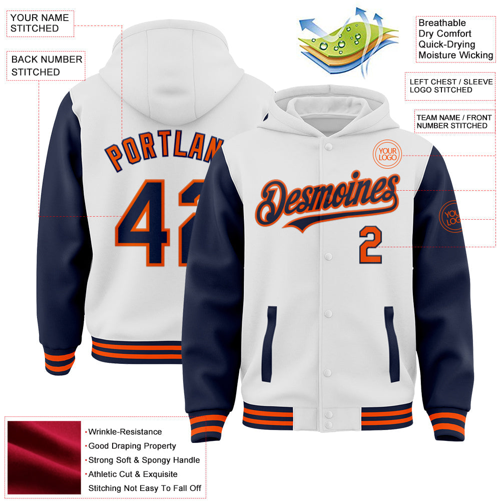 Custom White Navy-Orange Bomber Full-Snap Varsity Letterman Two Tone Hoodie Jacket view 3