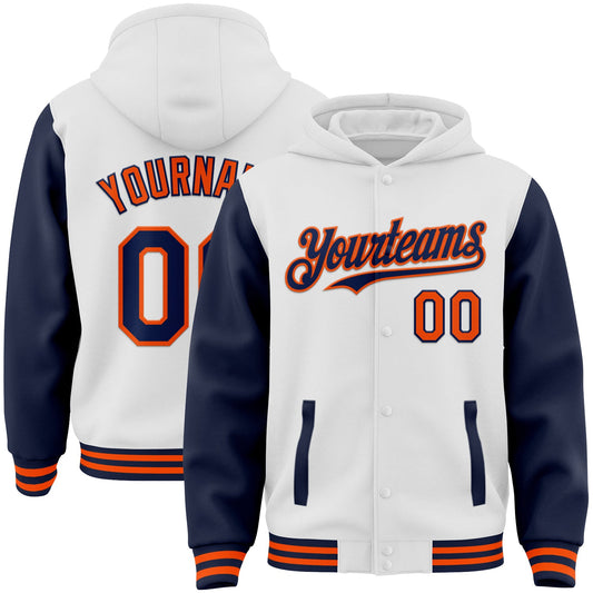 Custom White Navy-Orange Bomber Full-Snap Varsity Letterman Two Tone Hoodie Jacket - Main View