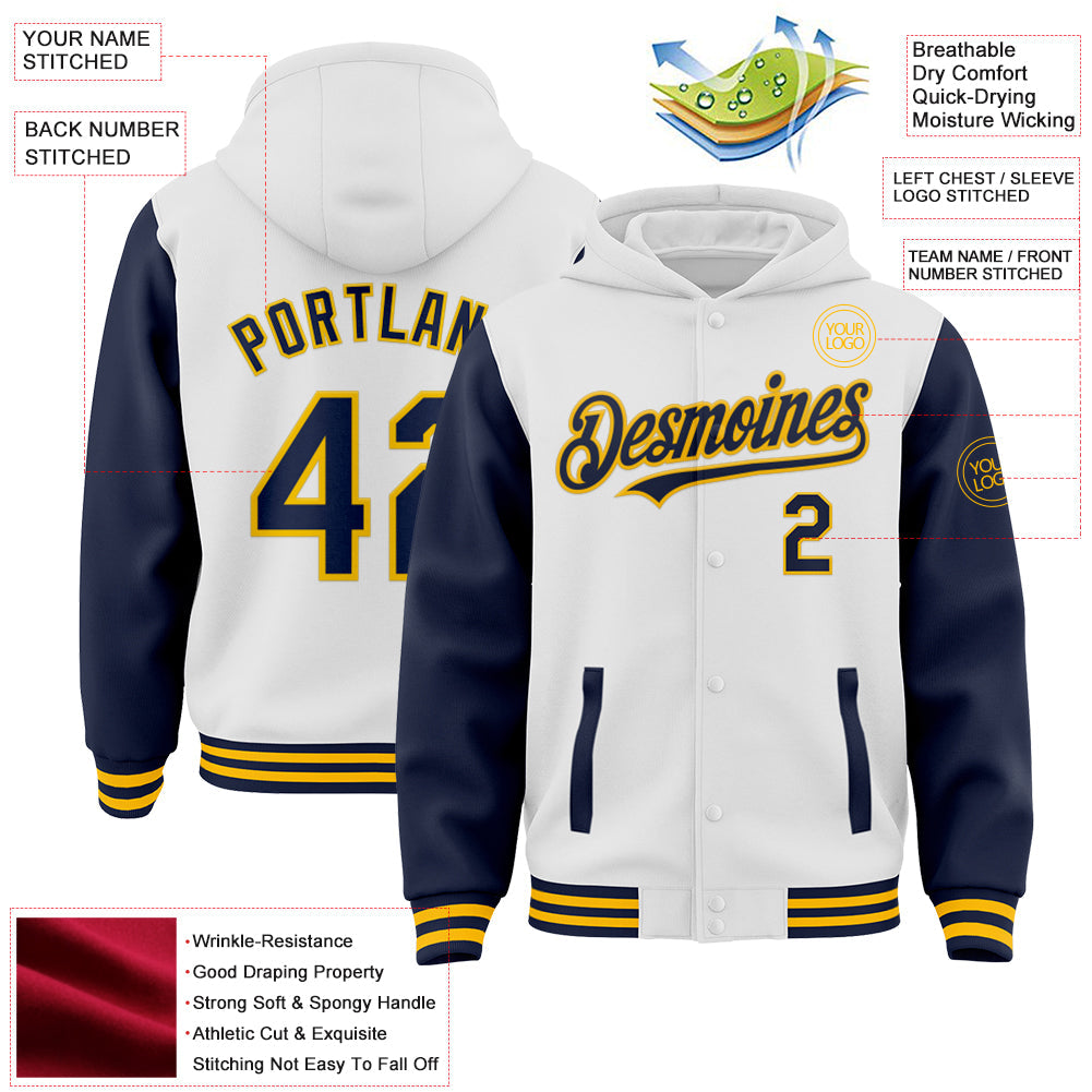 Custom White Navy-Gold Bomber Full-Snap Varsity Letterman Two Tone Hoodie Jacket view 3