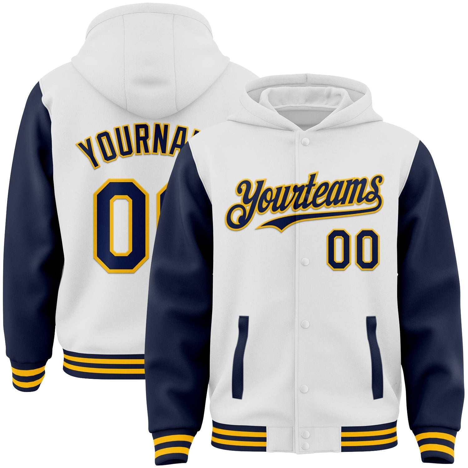 Custom White Navy-Gold Bomber Full-Snap Varsity Letterman Two Tone Hoodie Jacket - Main View