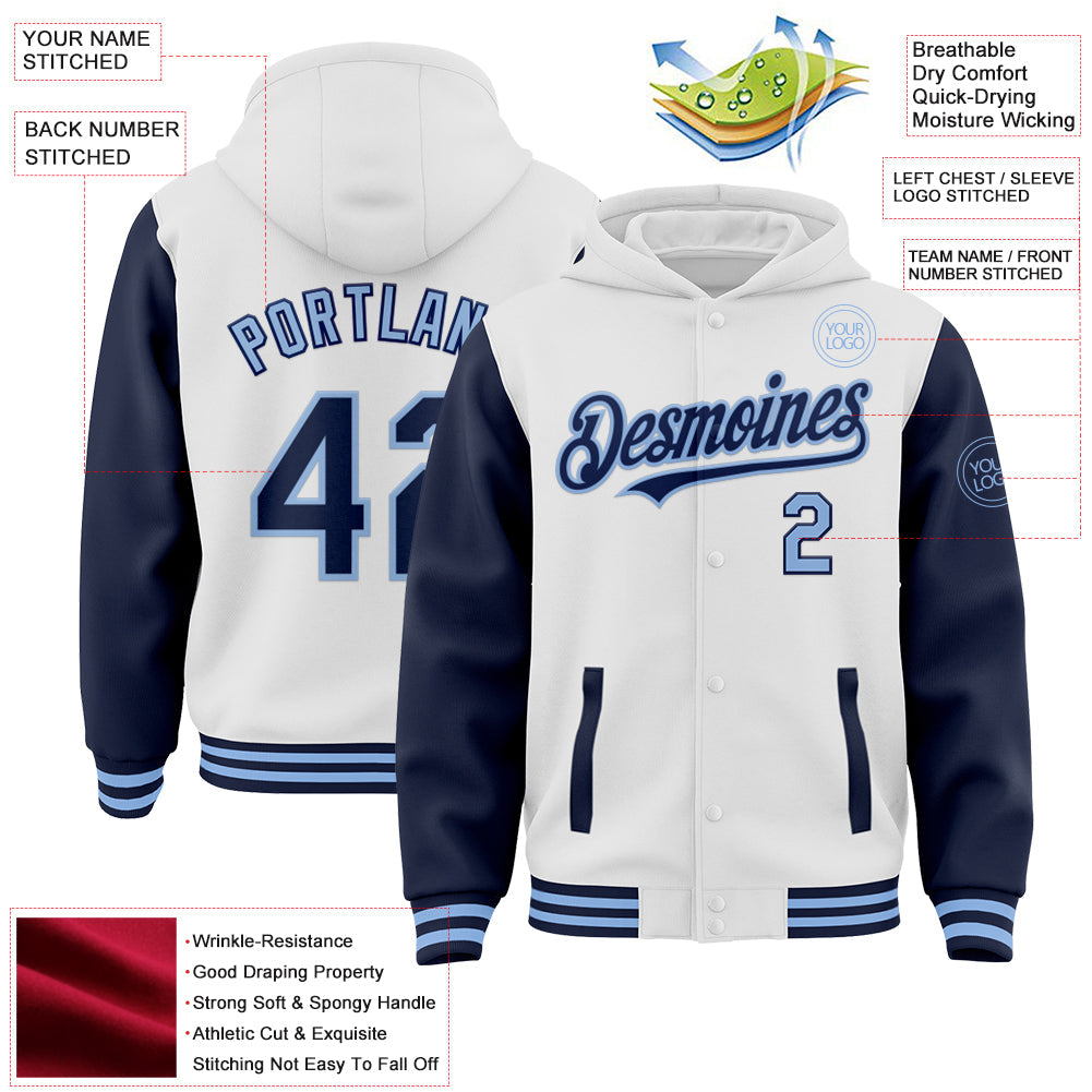 Custom White Navy-Light Blue Bomber Full-Snap Varsity Letterman Two Tone Hoodie Jacket view 3