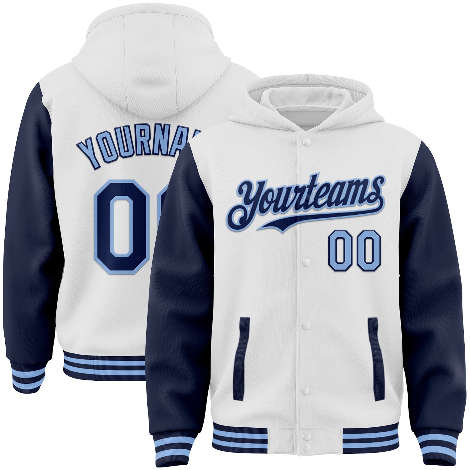 Custom White Navy-Light Blue Bomber Full-Snap Varsity Letterman Two Tone Hoodie Jacket - Main View