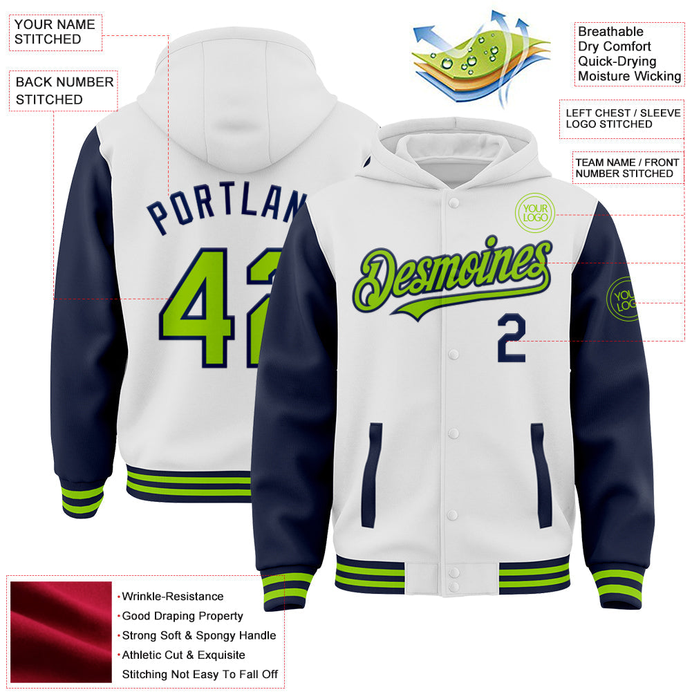 Custom White Neon Green-Navy Bomber Full-Snap Varsity Letterman Two Tone Hoodie Jacket view 3