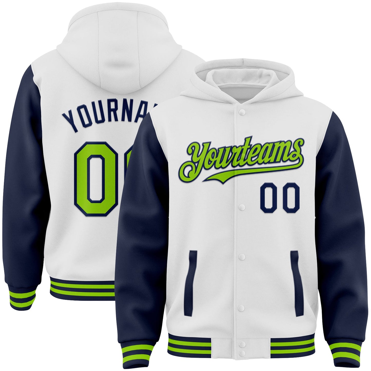 Custom White Neon Green-Navy Bomber Full-Snap Varsity Letterman Two Tone Hoodie Jacket - Main View