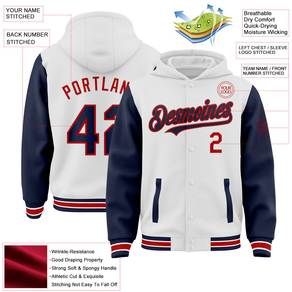 Custom White Navy-Red Bomber Full-Snap Varsity Letterman Two Tone Hoodie Jacket view 3