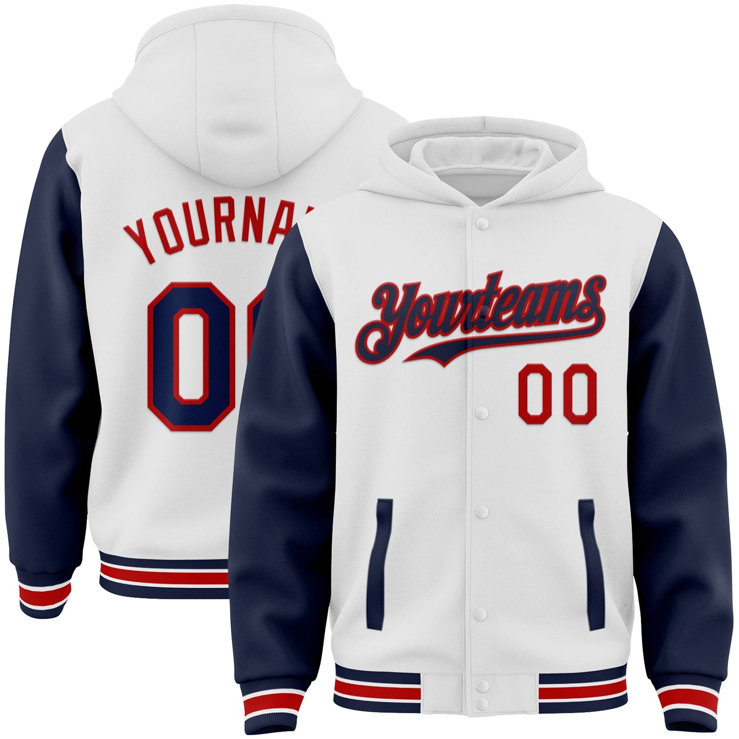 Custom White Navy-Red Bomber Full-Snap Varsity Letterman Two Tone Hoodie Jacket - Main View