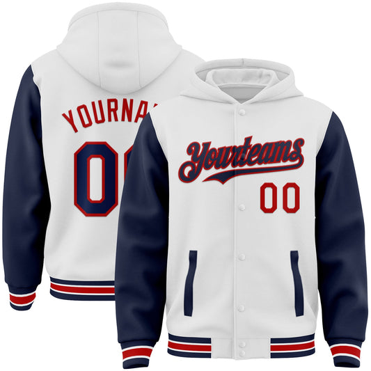 Custom White Navy-Red Bomber Full-Snap Varsity Letterman Two Tone Hoodie Jacket - Main View