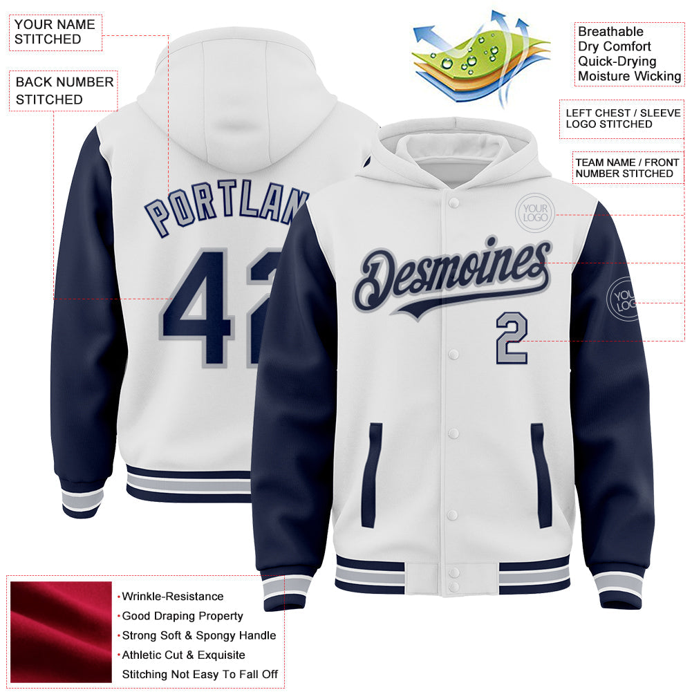 Custom White Navy-Gray Bomber Full-Snap Varsity Letterman Two Tone Hoodie Jacket view 3