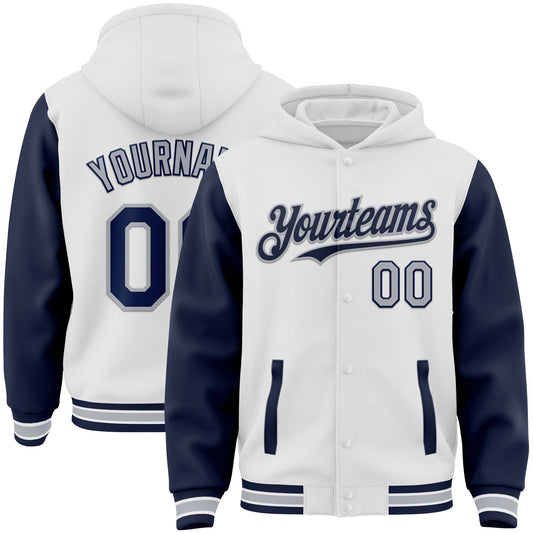 Custom White Navy-Gray Bomber Full-Snap Varsity Letterman Two Tone Hoodie Jacket - Main View