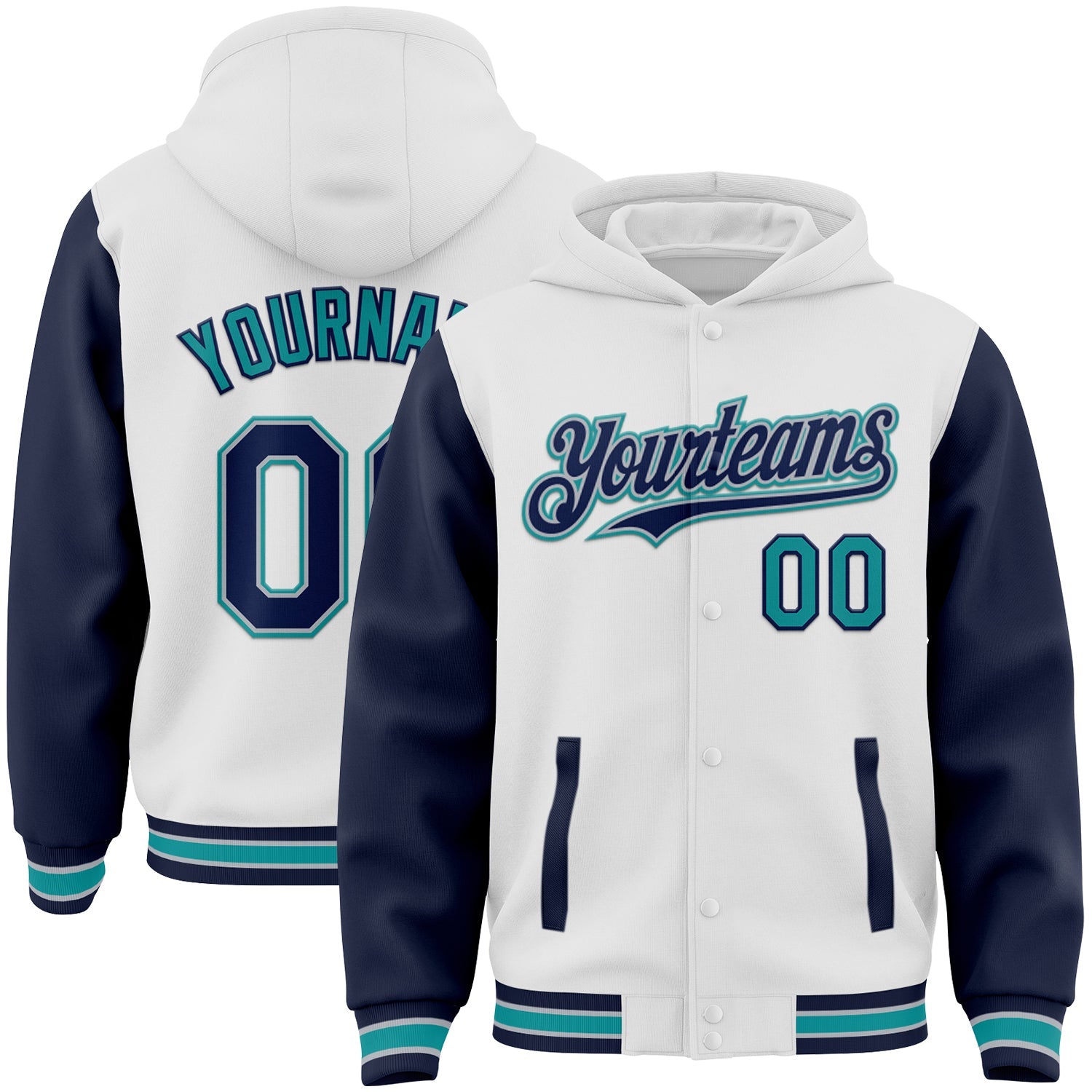 Custom White Navy Gray-Teal Bomber Full-Snap Varsity Letterman Two Tone Hoodie Jacket - Main View