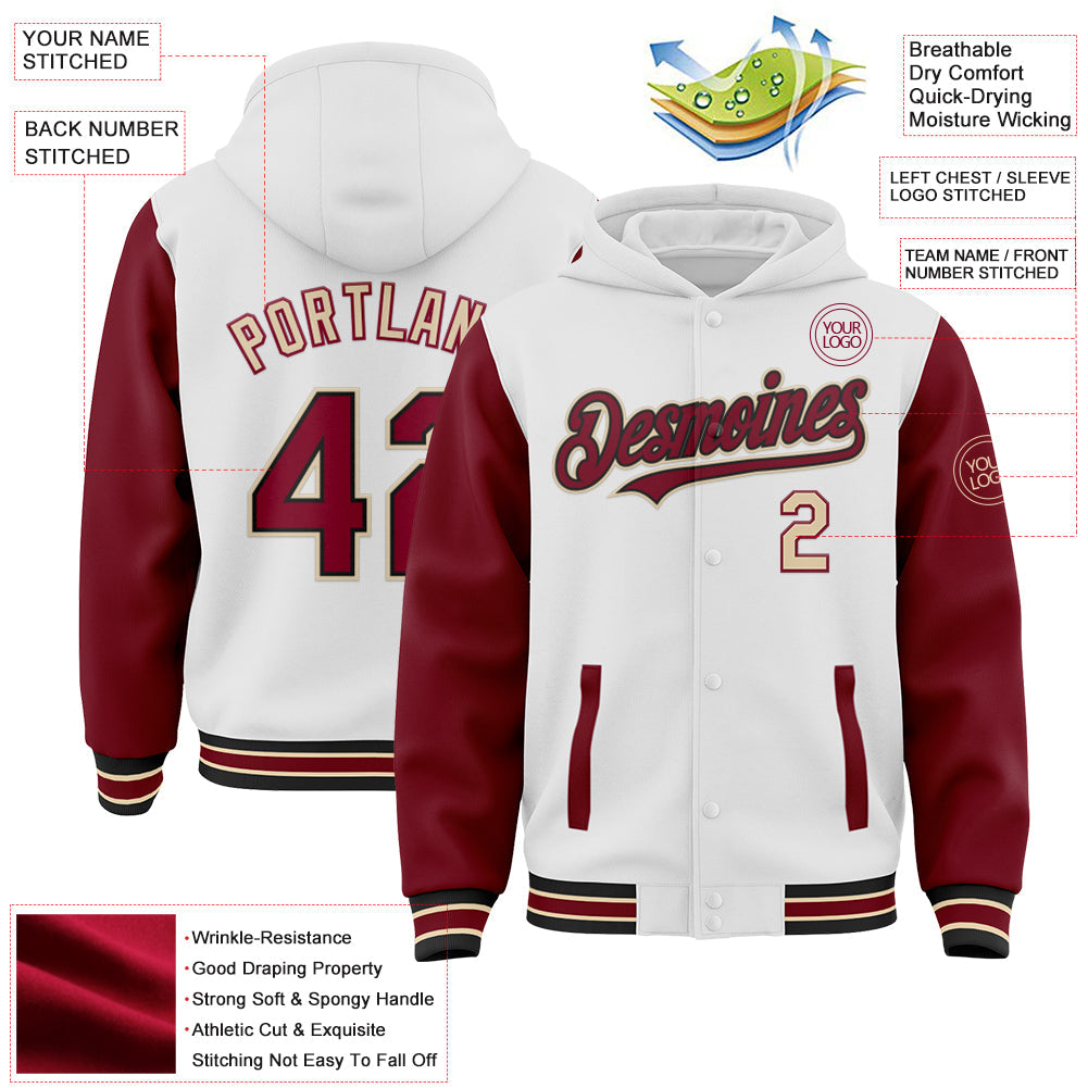 Custom White Crimson Black-City Cream Bomber Full-Snap Varsity Letterman Two Tone Hoodie Jacket view 3