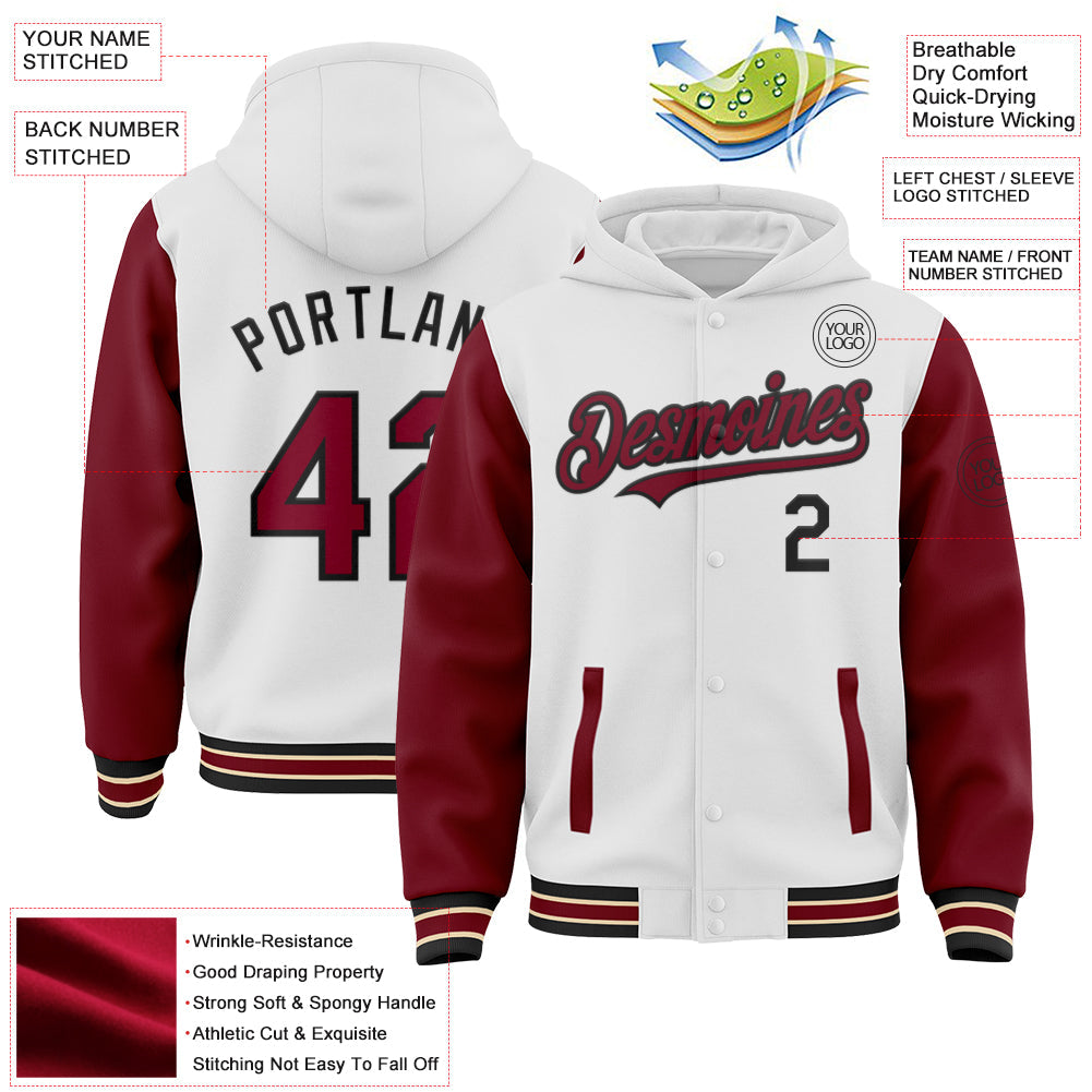 Custom White Crimson Black-City Cream Bomber Full-Snap Varsity Letterman Two Tone Hoodie Jacket view 3