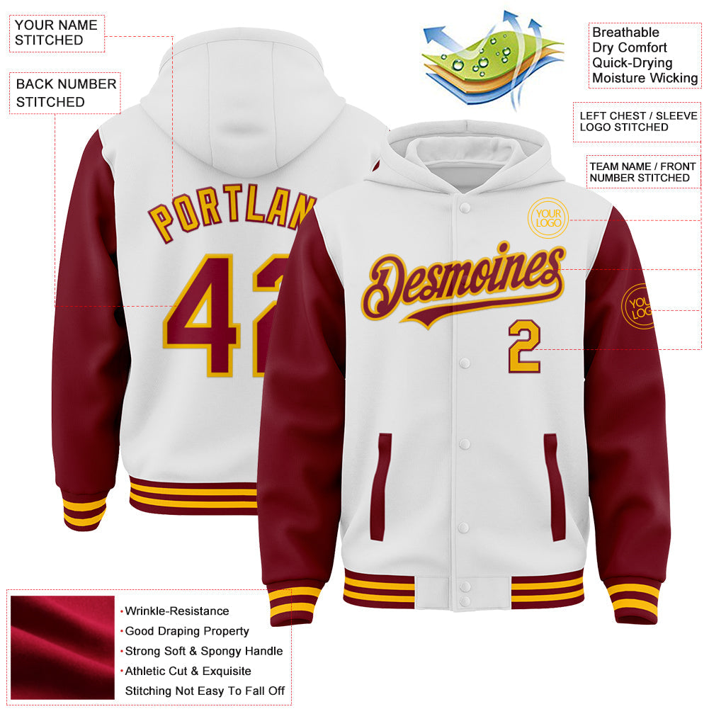 Custom White Crimson-Gold Bomber Full-Snap Varsity Letterman Two Tone Hoodie Jacket view 3
