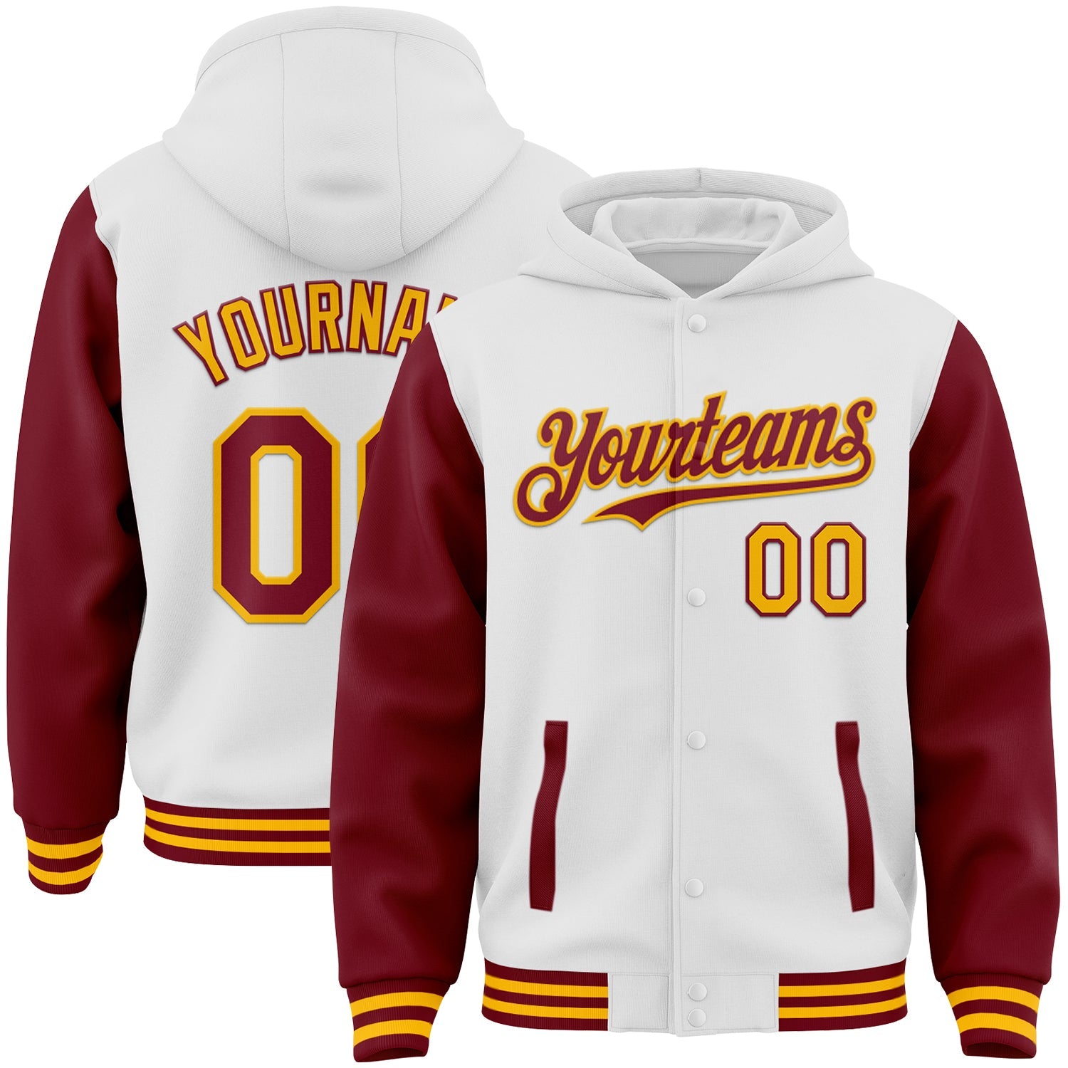 Custom White Crimson-Gold Bomber Full-Snap Varsity Letterman Two Tone Hoodie Jacket - Main View