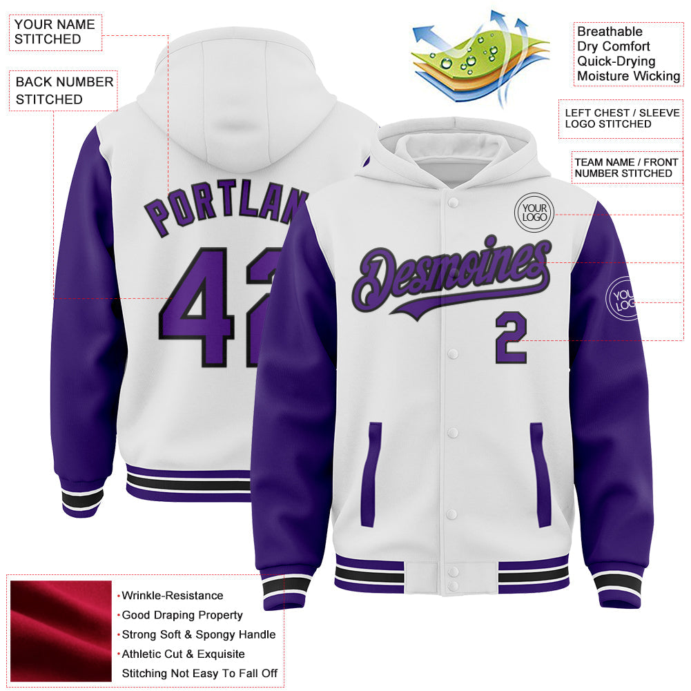 Custom White Purple-Black Bomber Full-Snap Varsity Letterman Two Tone Hoodie Jacket view 3