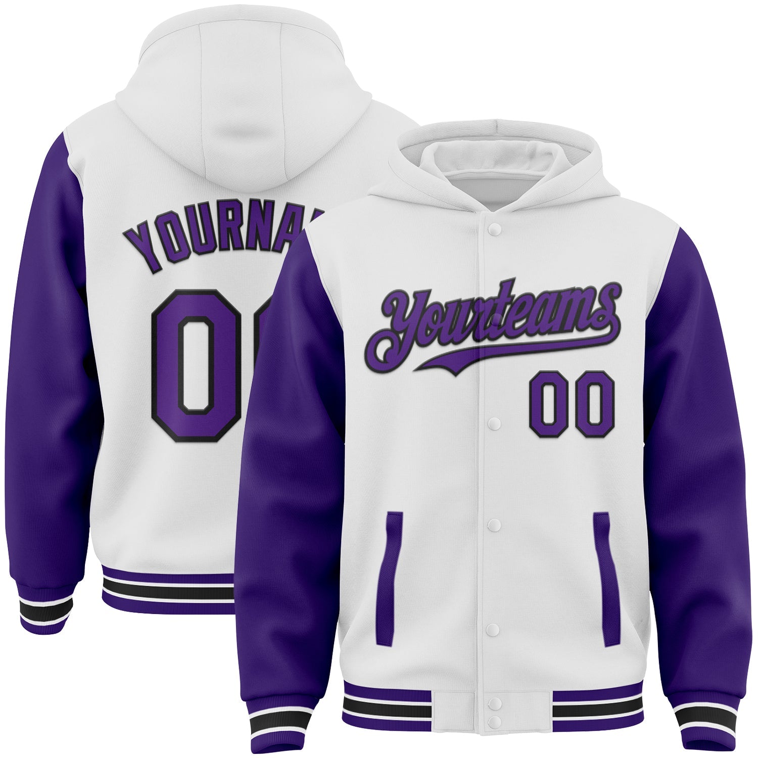 Custom White Purple-Black Bomber Full-Snap Varsity Letterman Two Tone Hoodie Jacket - Main View