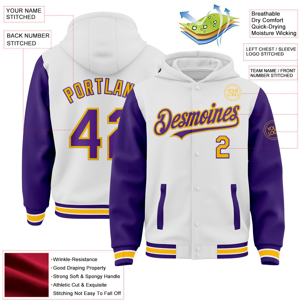 Custom White Purple-Gold Bomber Full-Snap Varsity Letterman Two Tone Hoodie Jacket view 3