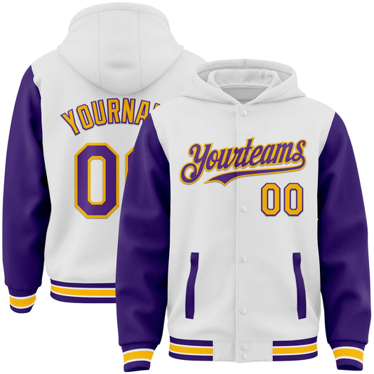 Custom White Purple-Gold Bomber Full-Snap Varsity Letterman Two Tone Hoodie Jacket - Main View