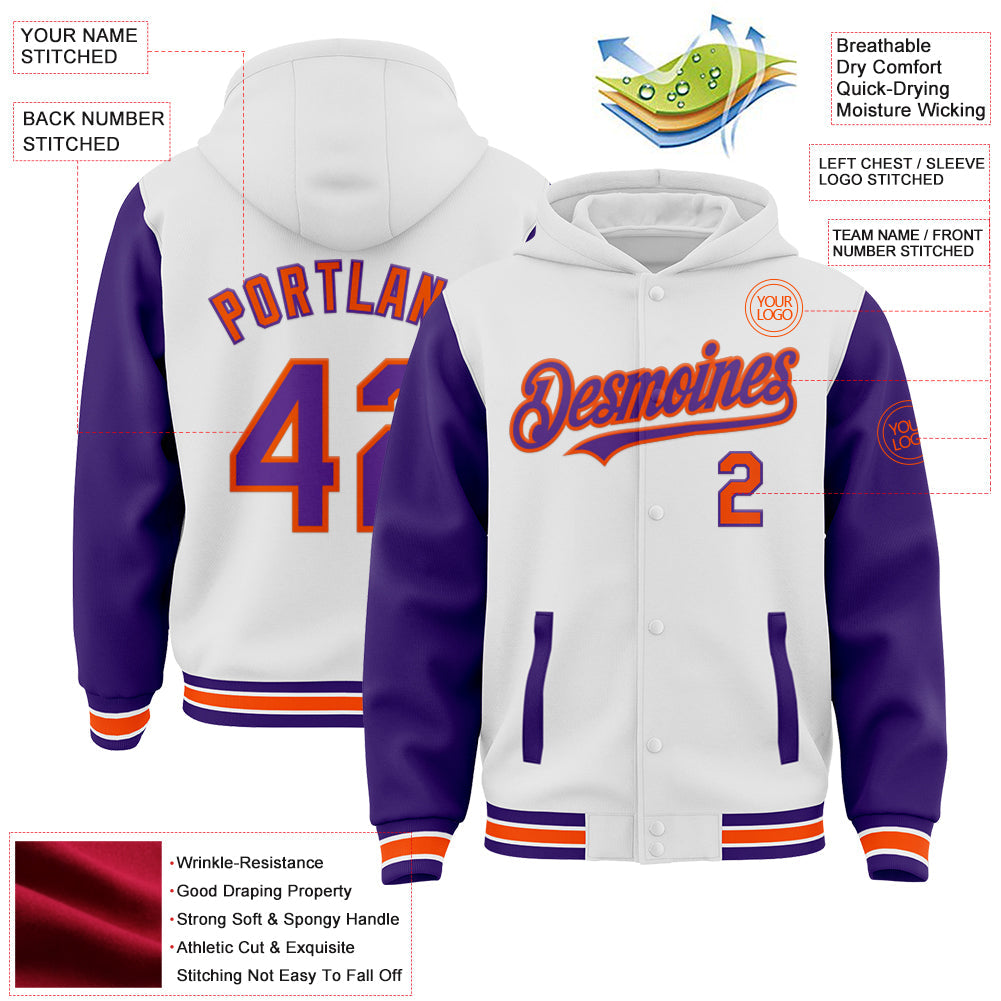 Custom White Purple-Orange Bomber Full-Snap Varsity Letterman Two Tone Hoodie Jacket view 3