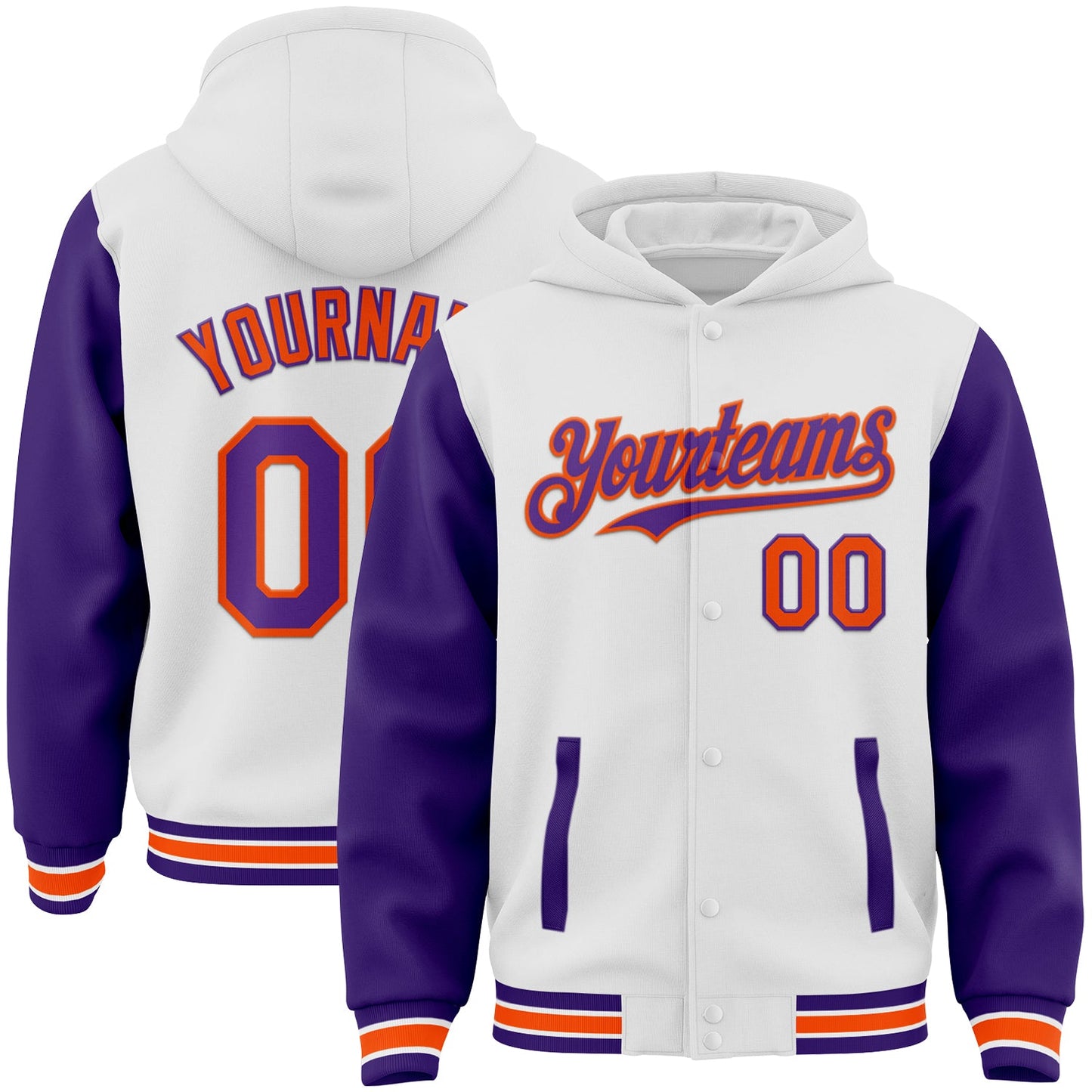Custom White Purple-Orange Bomber Full-Snap Varsity Letterman Two Tone Hoodie Jacket - Main View