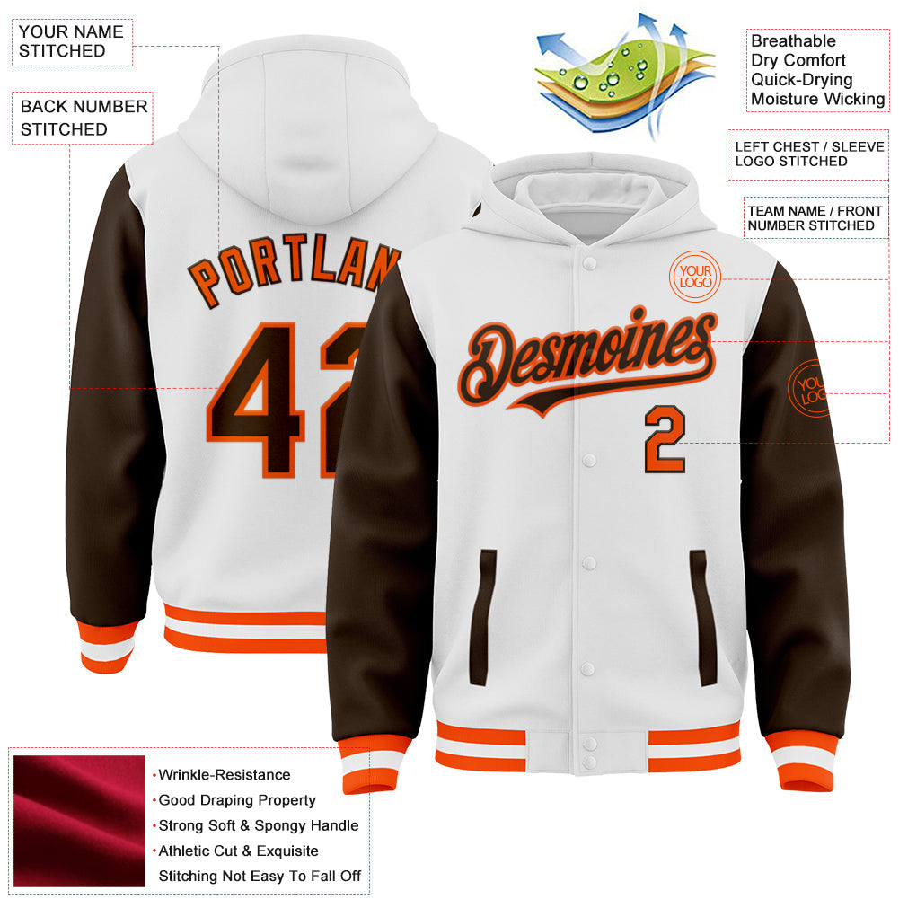 Custom White Brown-Orange Bomber Full-Snap Varsity Letterman Two Tone Hoodie Jacket view 3
