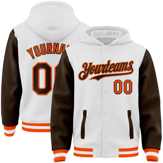 Custom White Brown-Orange Bomber Full-Snap Varsity Letterman Two Tone Hoodie Jacket - Main View