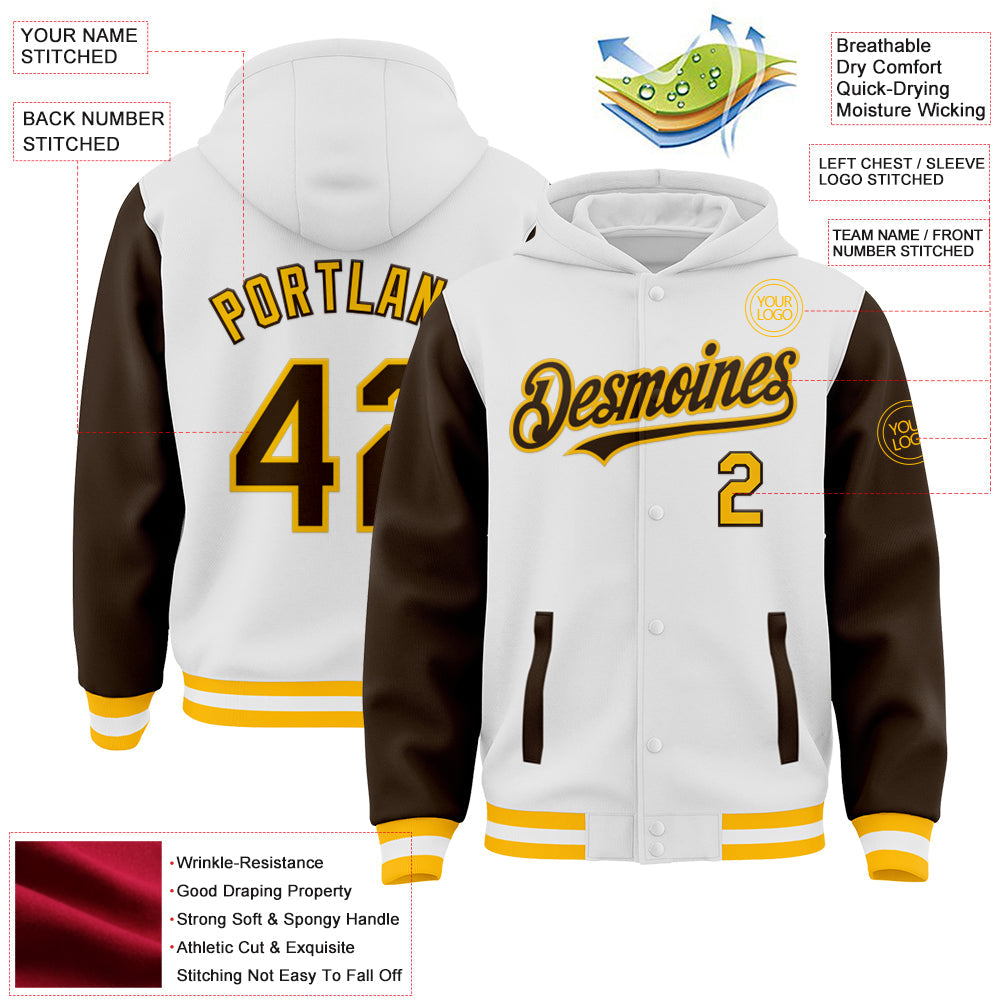 Custom White Brown-Gold Bomber Full-Snap Varsity Letterman Two Tone Hoodie Jacket view 3