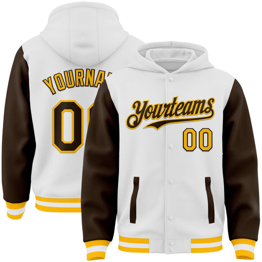 Custom White Brown-Gold Bomber Full-Snap Varsity Letterman Two Tone Hoodie Jacket - Main View