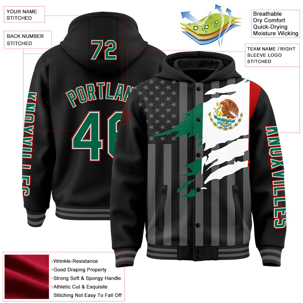 Custom Black Kelly Green Red-Gray Mexico Mexican Flag 3D Bomber Full-Snap Varsity Letterman Hoodie Jacket view 3