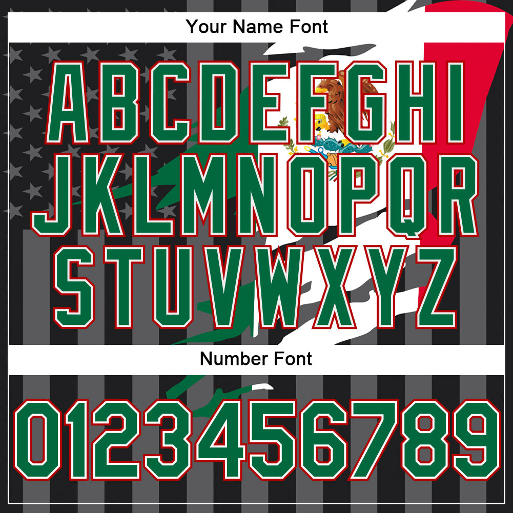 Custom Black Kelly Green Red-Gray Mexico Mexican Flag 3D Bomber Full-Snap Varsity Letterman Hoodie Jacket view 5