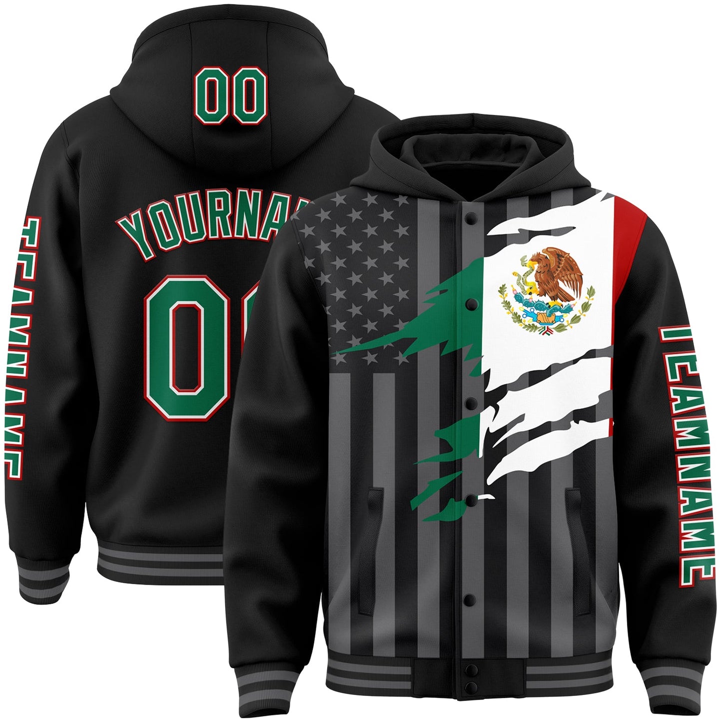Custom Black Kelly Green Red-Gray Mexico Mexican Flag 3D Bomber Full-Snap Varsity Letterman Hoodie Jacket - Main View