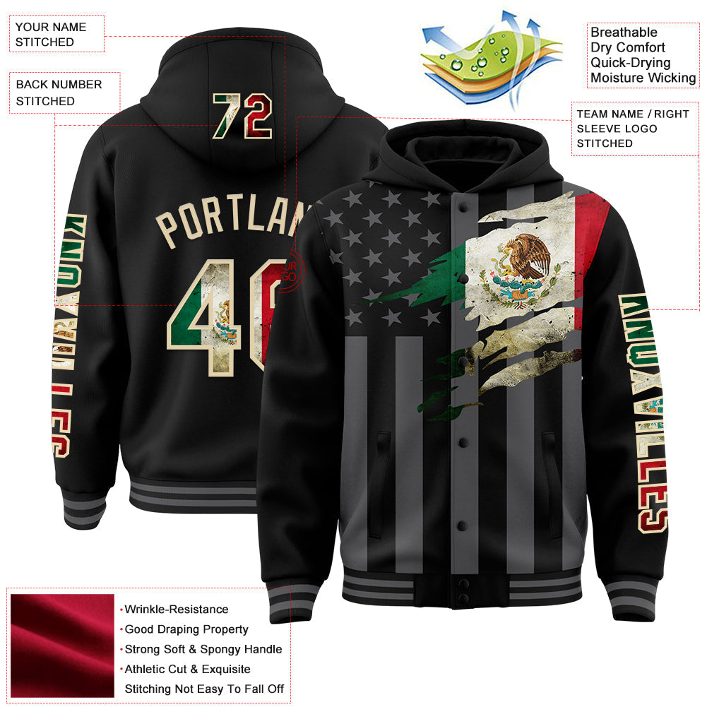 Custom Black Vintage Mexican Flag Cream-Gray Mexico 3D Bomber Full-Snap Varsity Letterman Hoodie Jacket view 3